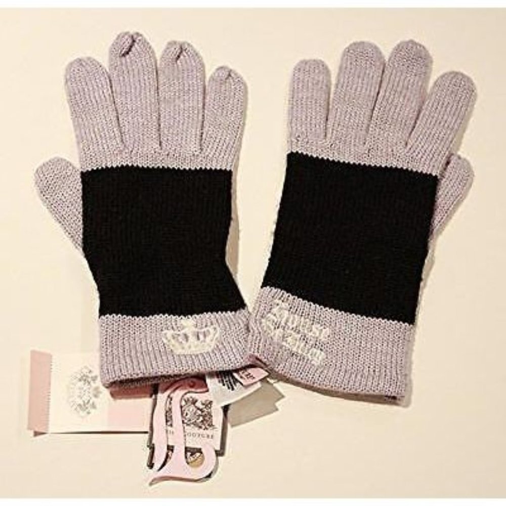 JUICY COUTURE Black Light Blue STRIPE Crown Embroidered WINTER GLOVES Wool BLEND